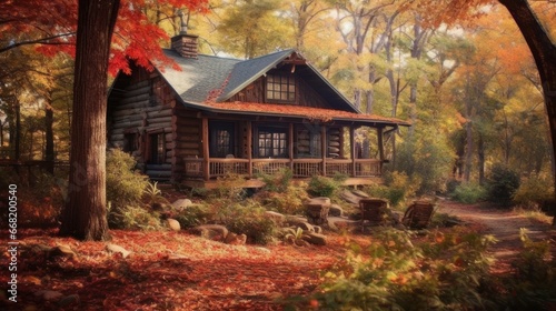 Rustic coffee cabin amidst fall foliage. AI generated