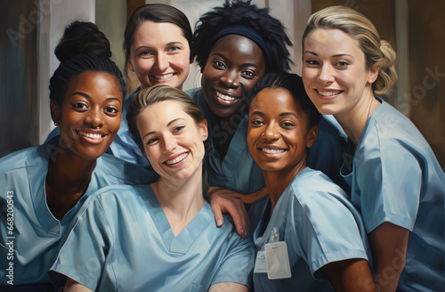 Group of diverse nurses smiling outdoors in scrubs, showcasing unity and dedication in healthcare. photo