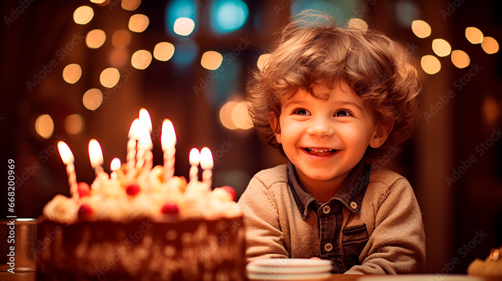 cheerful little boy blowing out the candles on the cake cheerful little boy blowing out the candles on the cake