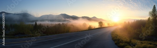 Scenic mountain highway. Journey through nature beauty. Morning drive in countryside. Misty mountains and open roads. Autumn adventure. Traveling through foggy landscape