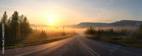 Scenic mountain highway. Journey through nature beauty. Morning drive in countryside. Misty mountains and open roads. Autumn adventure. Traveling through foggy landscape
