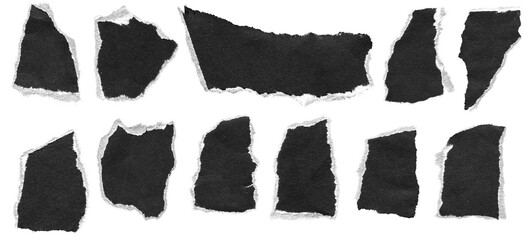 torn and ripped paper pieces frames with jagged edges from black paper with white edges in Y2K retro style, png isolated cardboard objects of various shapes