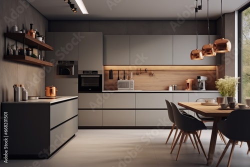 Kitchen design concept featuring minimalist modern style  Gray color scheme.