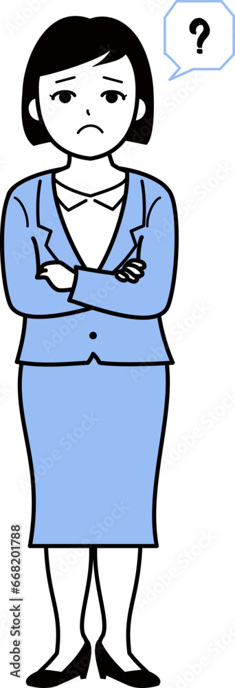スーツの女性　ビジネス　人物　疑問　腕組み