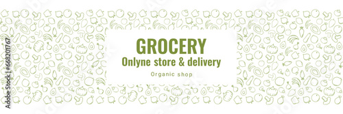 Organic Grocery shopping web banner design, Online Market, Home delivery line vector illustration Horizontal. Green and Whait
