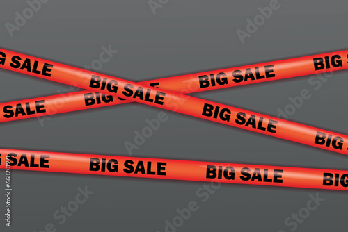 Red ribbons for BIG Sale. Template with crossing realistic tapes for Black Friday, discount. Stripes with border for sale. Banner with red ribbons. Flyer for promotion, shopping. Graphic element