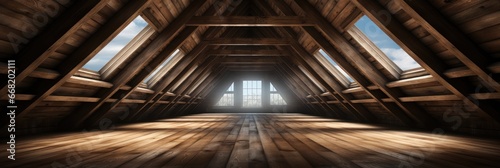 Attic floor ceiling made of wood realistic, Banner. © visoot