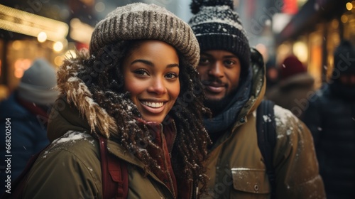 Nighttime Winter Happiness  Smiling Couple Embracing in the City
