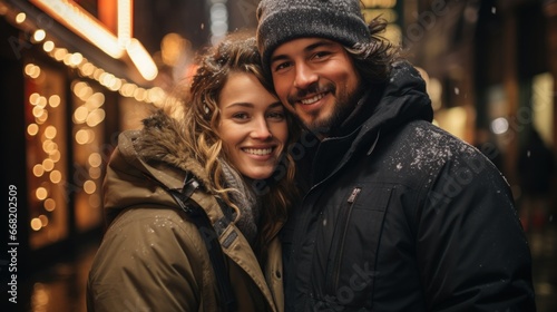 Nighttime Winter Happiness: Smiling Couple Embracing in the City © Dash