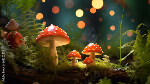 Wonderful mushrooms with cheerful faces sitting in the forest under moss  detailed image. Generative AI
