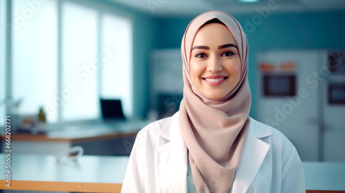 Mature Muslim Doctor Woman Wearing Hijab Smiling To Camera Standing In Clinic Office. Portrait Of Professional Therapist Arab Lady Concept. AI Generated