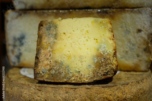 Different Asturian cheeses made from cow, goat and sheep melk on display in farmers cheese shop, Asturias, North Spain photo