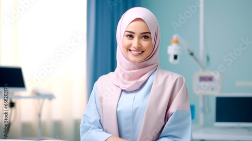 Mature Muslim Doctor Woman Wearing Hijab Smiling To Camera Standing In Clinic Office. Portrait Of Professional Therapist Arab Lady Concept. AI Generated