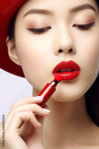 A beautiful Asian model poses with a stick of lipstick in a Christmas theme  perfect for your high quality advertising and printing projects.