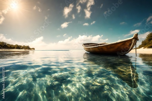 extreme view , of a wodden boat, in the water, at the beach, in a sunny day, reflecting sunlight, beautiful natural view