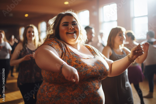 Group dancing in a fitness club for overweight women. Beautiful happy woman dancing. photo