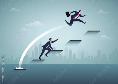 Two businessman taking competition. Improvement, Make a spurt of progress, achieve the goal in one step.