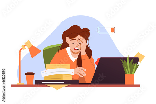 Tired woman sitting at workplace. Exhausted fatigue office worker sitting at computer desk. Burnout. Overworked Female at office. Flat vector illustration.