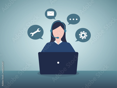 Customer service, hotline operators consult customers with headsets on computers, global online technical support, Call center, call processing system, Vector illustration