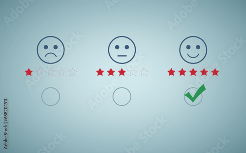 Evaluation, feedback concept. Customer evaluation indicator rating since low to high on blue background for client satisfaction after use product and service.