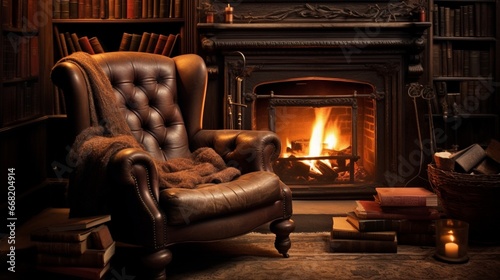 A worn, leather armchair by a fireplace, inviting you to curl up with a book. photo