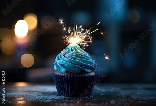 blue sparkling cupcake with a sparkler in the middle, holiday, birthday concept