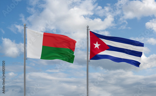 Cuba and Madagascar flags, country relationship concept