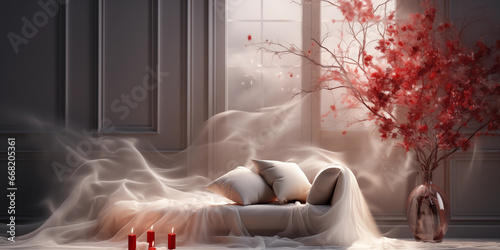 Stilvolles romantisches edles Schlafzimmer im Natur Farben mit einzigartigen verträumten Lichteinfall im Querformat für Banner, ai generativ