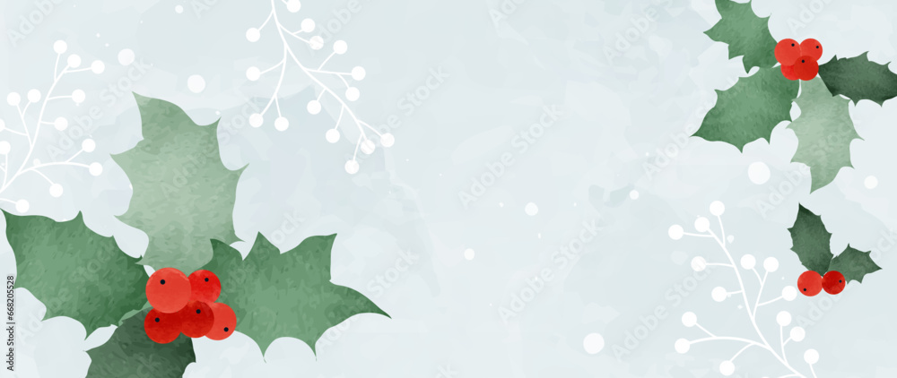 Winter botanical watercolor leaves branches background vector illustration. Hand painted watercolor foliage, holly, berries, snow. Design for poster, wallpaper, banner, card, decoration.