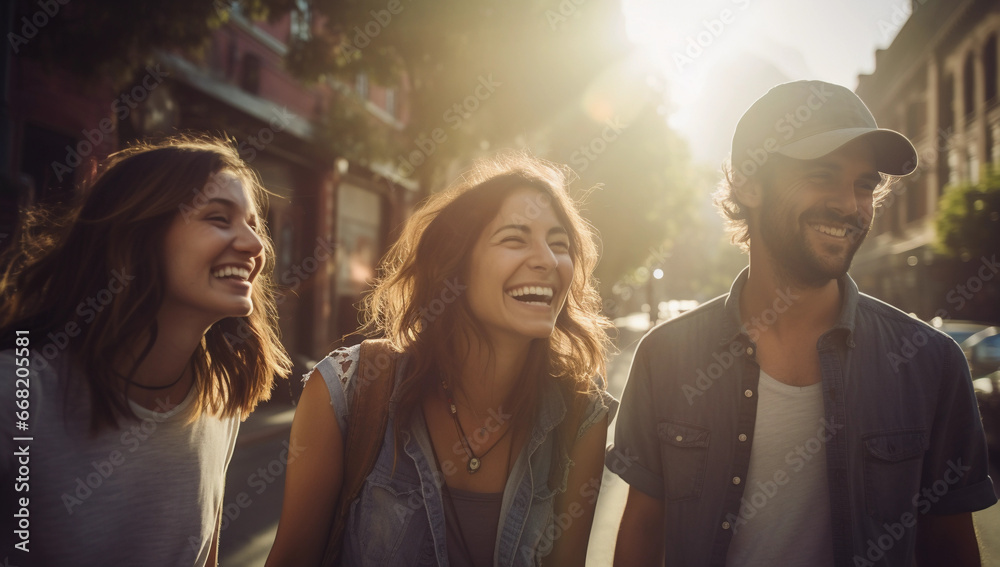 group of friends smiling while walking down a street on their vacation group of friends smiling while walking down a street on their vacation