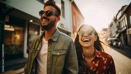 group of friends smiling while walking down a street on their vacation