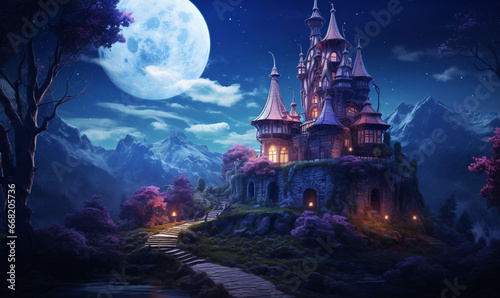 A romantic fairytale castle perched on a hill with a long access road. Clear moonlit night. AI digital art © trompinex