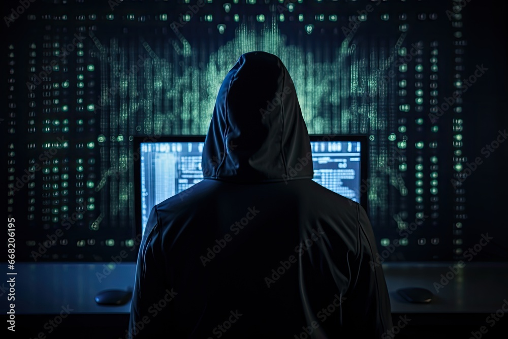 A hacker in a black hoodie is standing with his back in front of a computer screen in a control room. A hacker in a black hoodie is standing with his back in front of a computer screen in a control room.