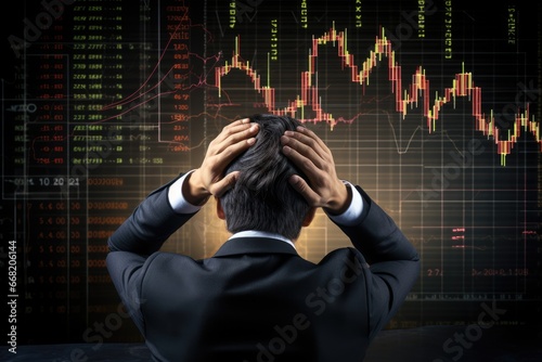 A business man in a suit stands with his back looking at a stock chart that has plummeted into the red, showing a loss in a stressed mood.