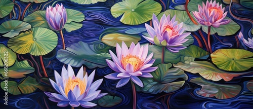 Sacred and timeless beauty of Lotus flowers with waterlily pads floating in a garden pond  colorful painting illustration  re-imagined dreamy surreal flowing swirls  out of the ordinary petal colors.