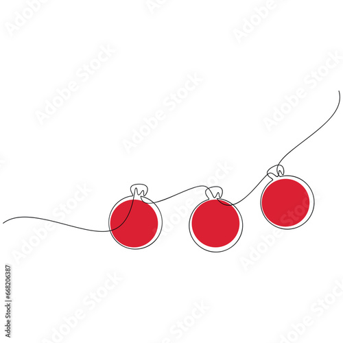 Festive garland vector. Christmas tree red ball bauble line continuous drawing. Hand drawn illustration, graphic design, print, banner, card, poster, sign, symbol, logo, ornament, holiday decor.