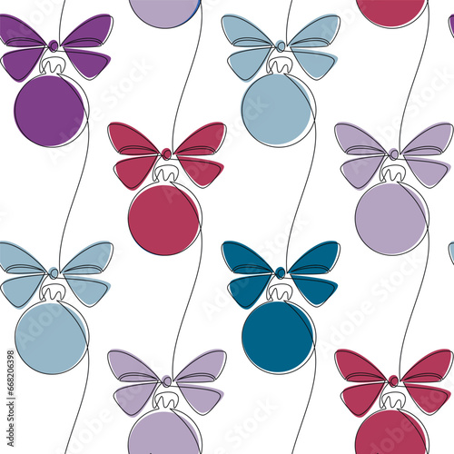 Holiday seamless pattern vector. Christmas tree ball bauble ribbon bow line continuous background. Hand drawn graphic illustration, banner, card, poster, festive ornament, wallpaper, print.