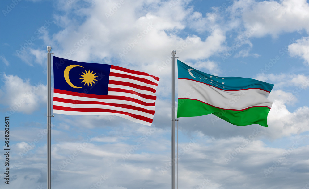 Uzbekistan and Malaysia flags, country relationship concept
