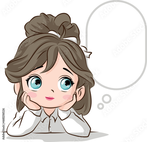 Cute student girl looking at balloon speech.Vector cartoon. illustration.