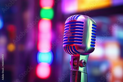 Vintage neon light microphone on stage. Golden era of music and entertainment. Rock mic. Classic in retro karaoke night. Live performance. Capturing sound with classic