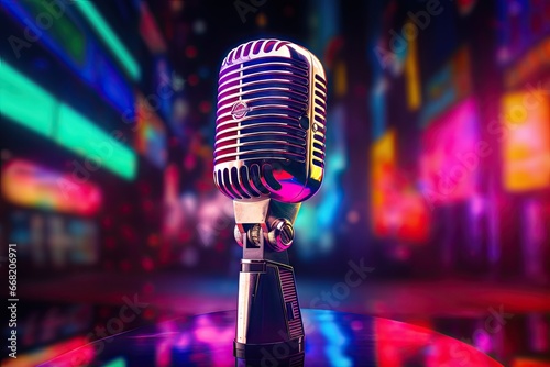 Vintage neon light microphone on stage. Golden era of music and entertainment. Rock mic. Classic in retro karaoke night. Live performance. Capturing sound with classic