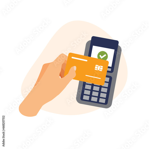Hand holds credit card near the pos terminal to pay. Buying process. Contactless payment. Financial vector illustration in a trendy flat style.