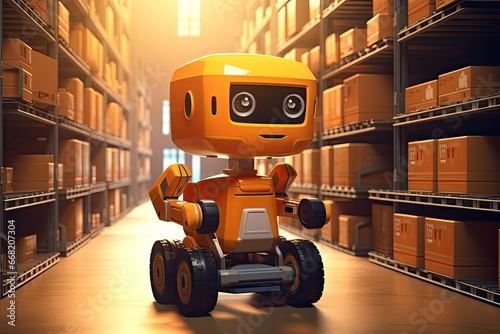 Robot or cybrog working in warehouse. Future Innovation. Generative AI