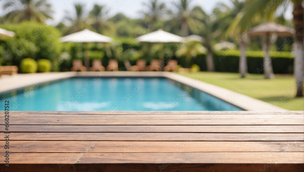 Empty wooden table in front with blurred background of swimming pool