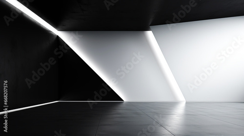 A dark room with a geometric wall pattern and a white light in the ceiling, For art texture, presentation design or web design and web background. Generative AI.