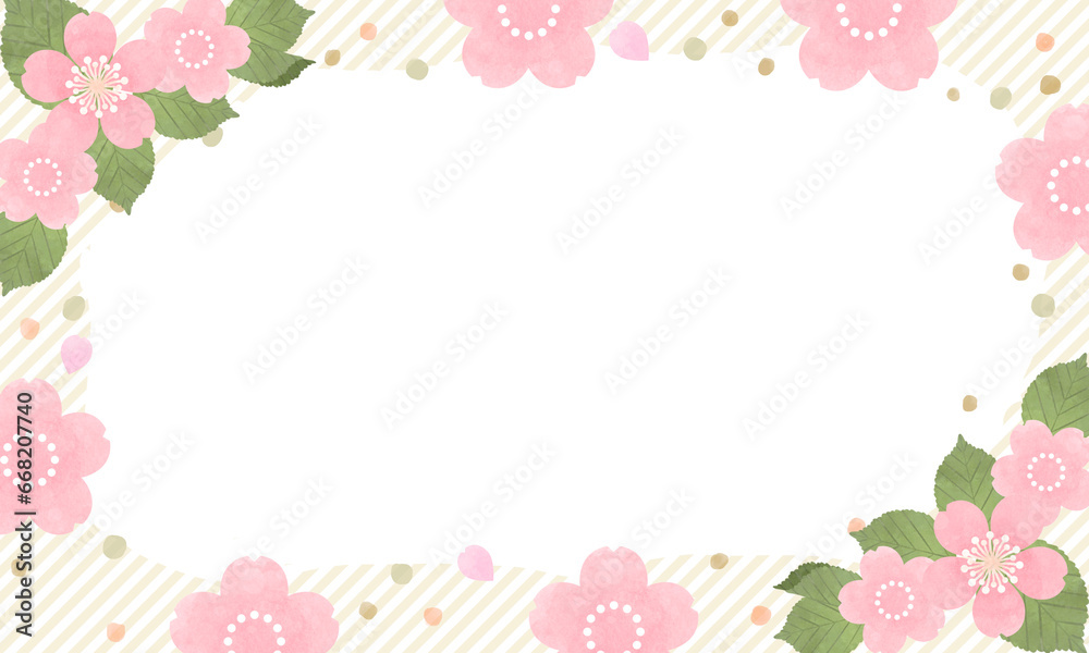 水彩風な桜の可愛いストライプのフレームイラスト(文字なし)