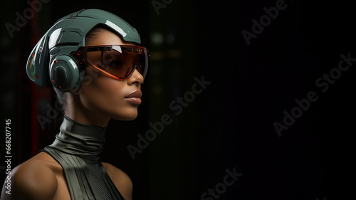 Model Frau mit schwarzen Leder und Lack Designer Kleidung und futuristischer Cyberspace Brille Porträt, ai generativ