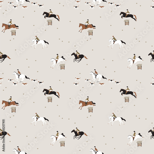 Seamless vector pattern, on the theme of hunting on horseback, riders riding and overcome obstacles accompanied by dogsSeamless vector pattern, on the theme of hunting on horseback, riders riding and 