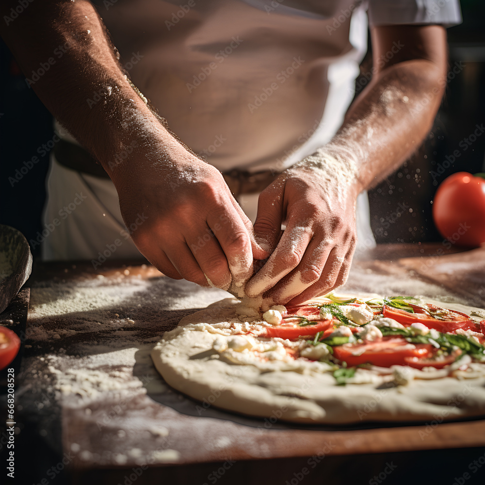 Close-up photo of a cook making pizza dough