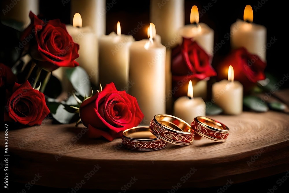 wedding rings with a background of red roses and candles on the table